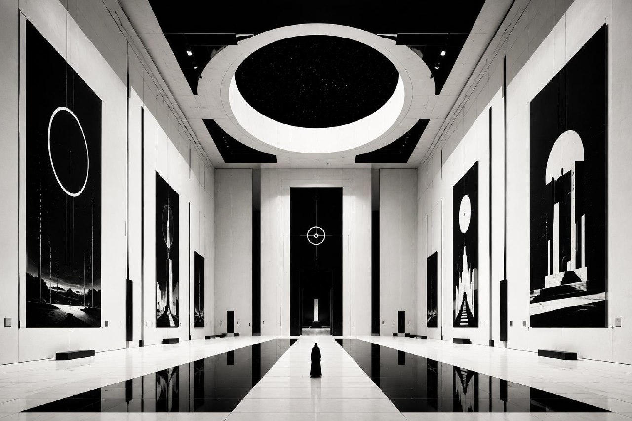 A monumental monochrome gallery with black-and-white architectural panels, a circular ceiling aperture, reflective floor channels, and one cloaked figure on the central axis.