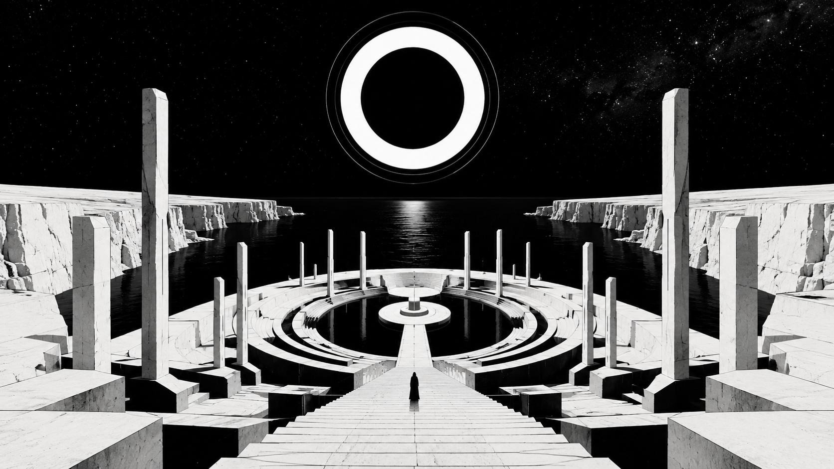 A monochrome ceremonial basin descending toward a circular court, black water, and a vast white-ringed aperture suspended over the horizon.