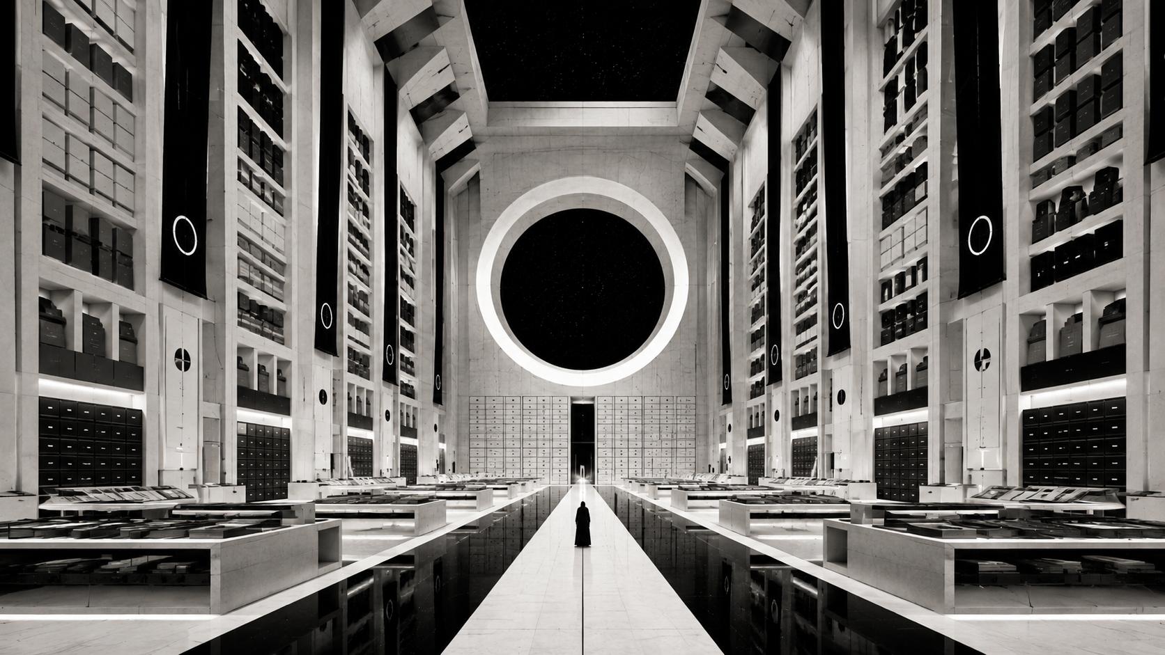 A vast black-and-white archive hall lined with gridlike shelves of black record containers, centered on a luminous circular aperture and one solitary robed custodian.
